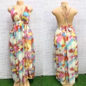 Miss Avenue Tropical Maxi Dress Plunge-Neck Open-Back Large